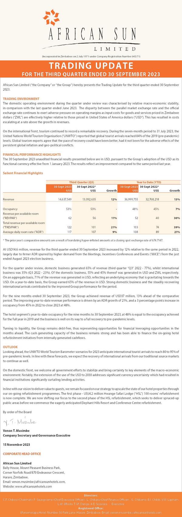 African Sun Limited 2023 Interim Results For The Third Quarter