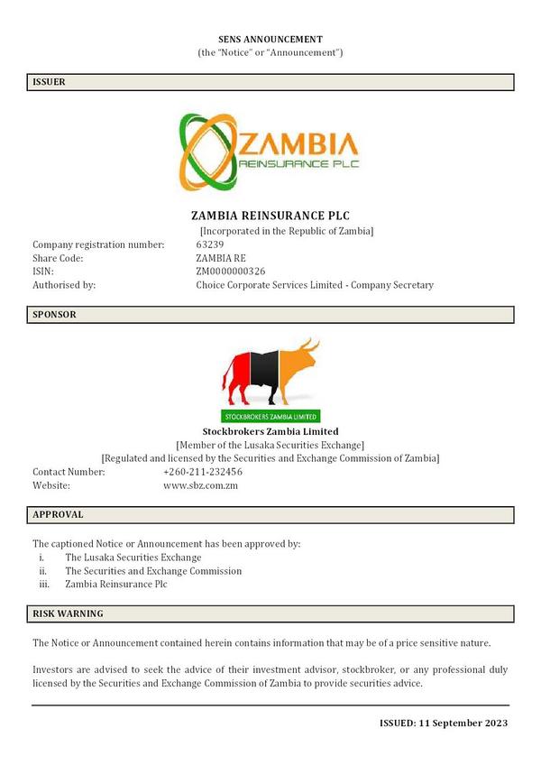 Zambia Reinsurance Plc 2023 Interim Results For The Half Year