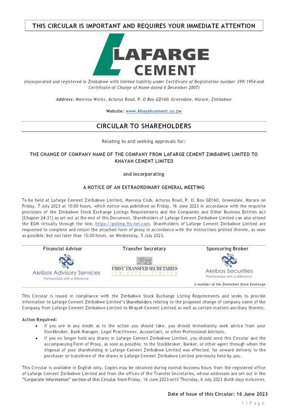 Lafarge Cement Zimbabwe 2023 Circular
