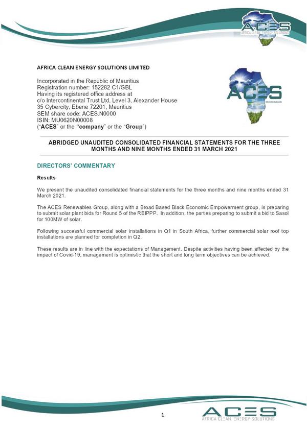 Africa Clean Energy Solutions 2021 Interim Results For The Third Quarter