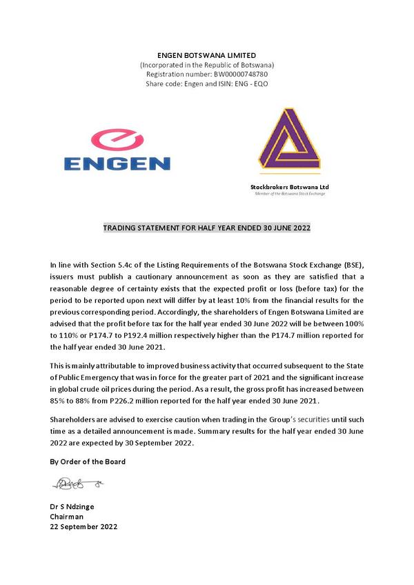 Engen Botswana Limited 2022 Interim Results For The Second Quarter