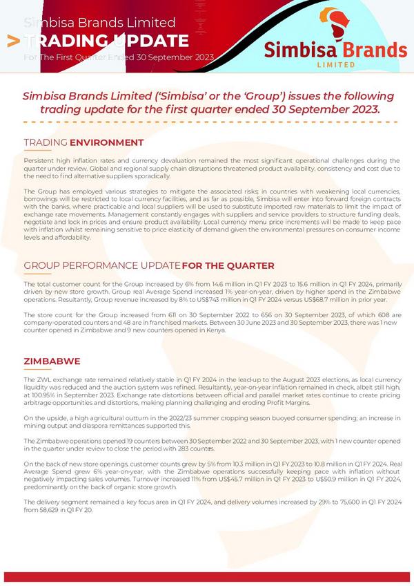 Simbisa Brands Limited 2024 Interim Results For The First Quarter