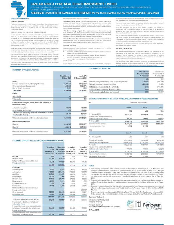 Sanlam africa core real estate investments limited 2023 Interim Results For The Half Year