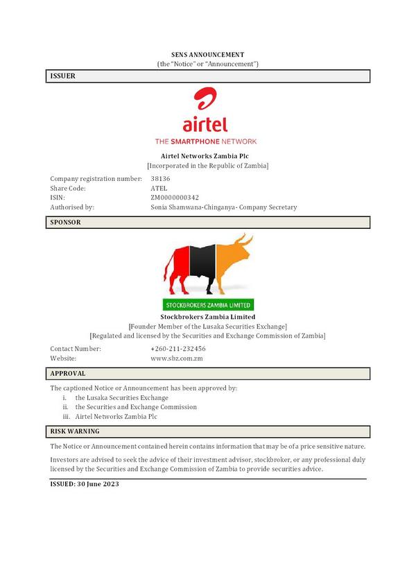 Airtel Networks Zambia Plc 2023 Interim Results For The First Quarter