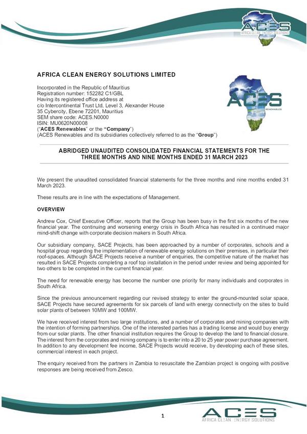 Africa Clean Energy Solutions 2023 Interim Results For The Third Quarter