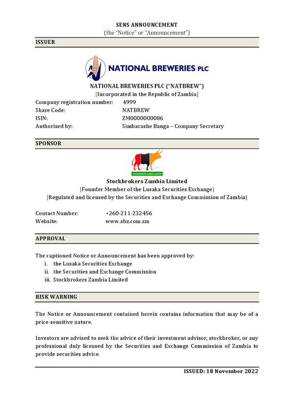 National Breweries Plc 2023 Interim Results For The Half Year