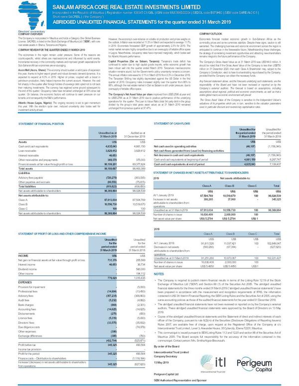 Sanlam africa core real estate investments limited 2019 Interim Results For The First Quarter