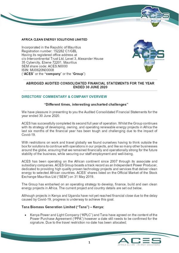 Africa Clean Energy Solutions 2020 Abridged Results