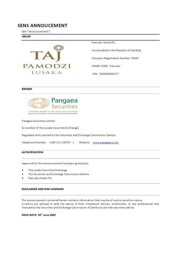 Taj Pamodzi Hotels Plc 2022 Abridged Results