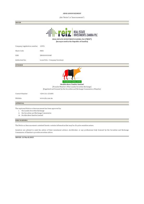 Real Estate Investments Zambia Plc 2022 Abridged Results
