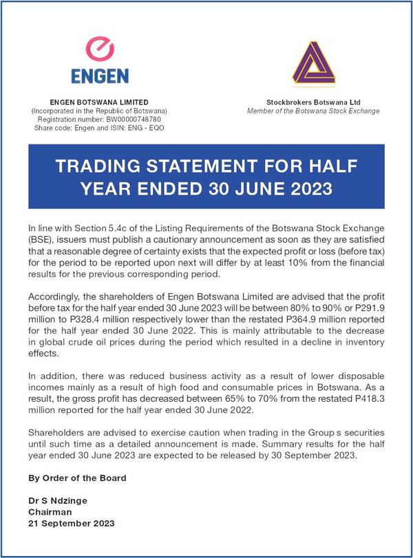 Engen Botswana Limited 2023 Interim Results For The Second Quarter