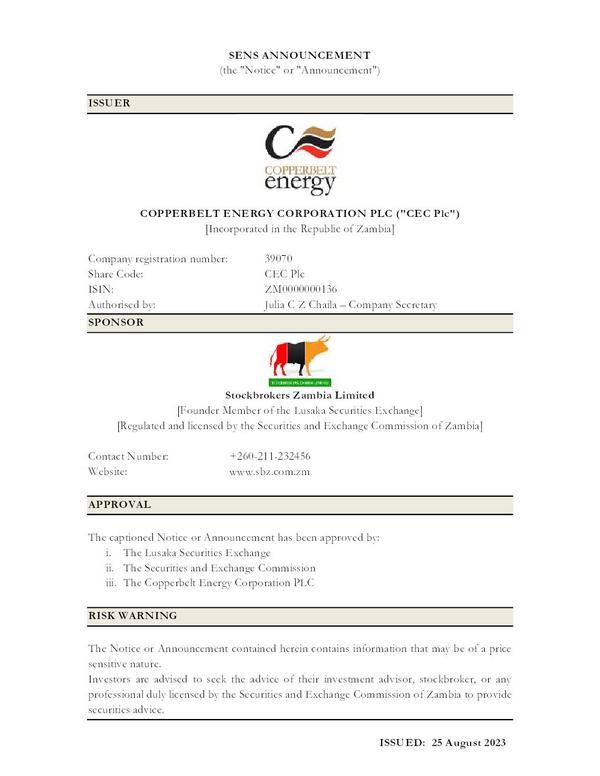 Copperbelt Energy Corporation Plc 2023 Interim Results For The Half Year