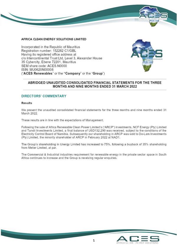 Africa Clean Energy Solutions 2022 Interim Results For The Third Quarter