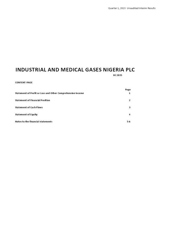 Industrial And Medical Gases Nigeria Plc 2023 Interim Results For The First Quarter