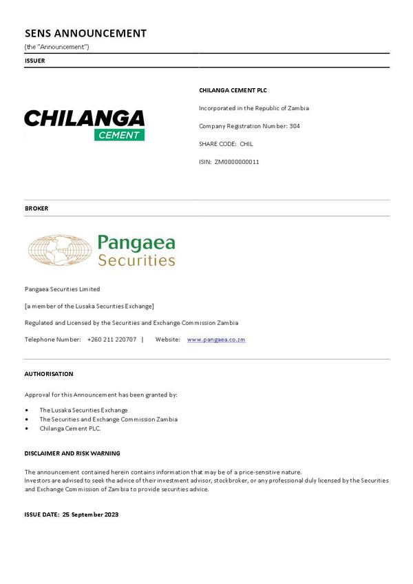 Chilanga Cement Plc 2023 Interim Results For The Half Year
