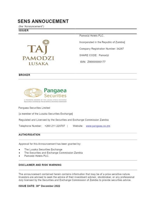 Taj Pamodzi Hotels Plc 2023 Interim Results For The Half Year