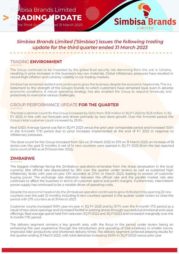 Simbisa Brands Limited 2023 Interim Results For The Third Quarter