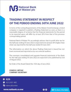 National Bank Of Malawi 2022 Interim Results For The Second Quarter