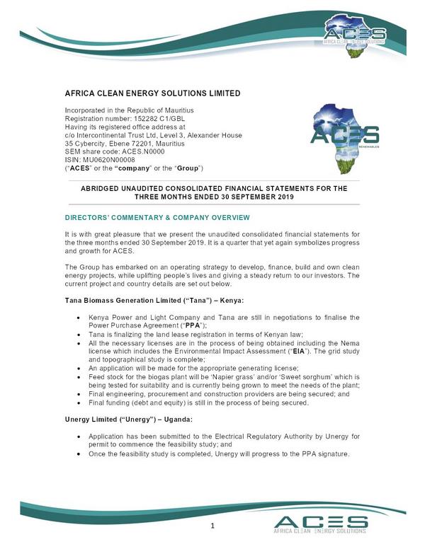 Africa Clean Energy Solutions 2020 Interim Results For The First Quarter