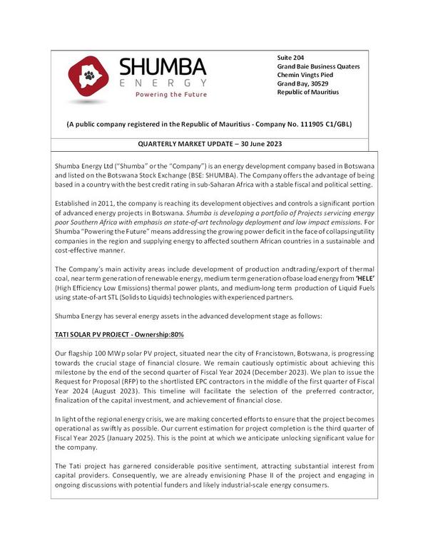 Shumba Energy Limited 2023 Interim Results For The Forth Quarter