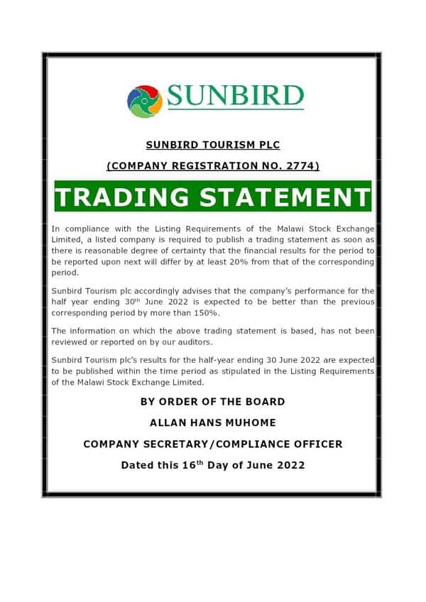 Sunbird Tourism Limited 2022 Interim Results For The Second Quarter