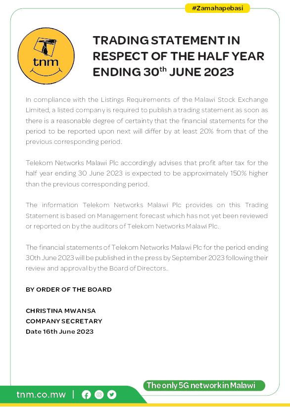 Telekom Networks Malawi Limited 2023 Interim Results For The Second Quarter