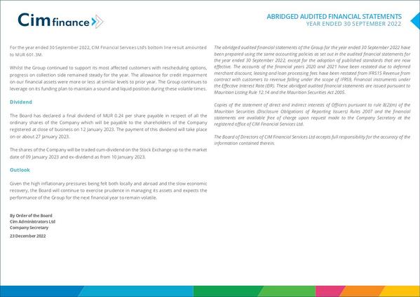 Cim Financial Services Ltd 2022 Abridged Results