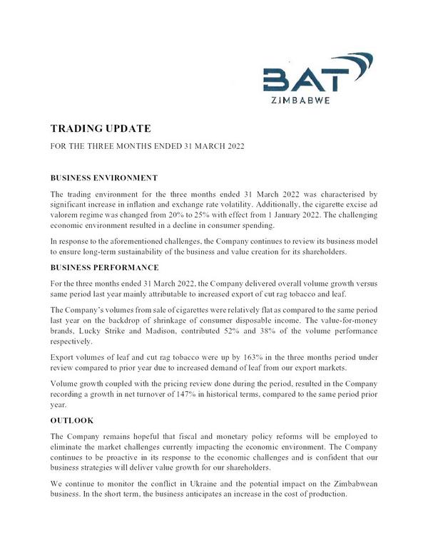 British American Tobacco Zimbabwe Limited 2022 Interim Results For The First Quarter