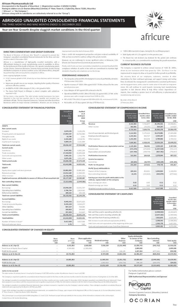 Africure Pharmaceuticals Ltd 2023 Interim Results For The Third Quarter
