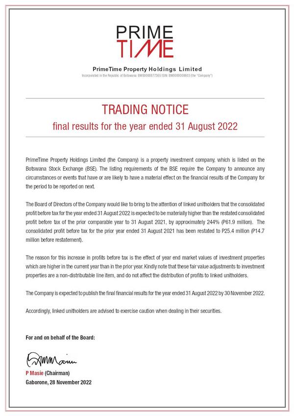 Primetime Property Holdings Limited 2022 Interim Results For The Forth Quarter