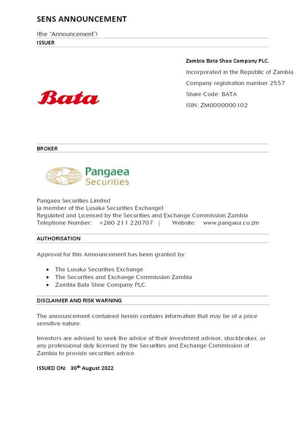 Zambia Bata Shoe Company Plc 2022 Interim Results For The Second Quarter