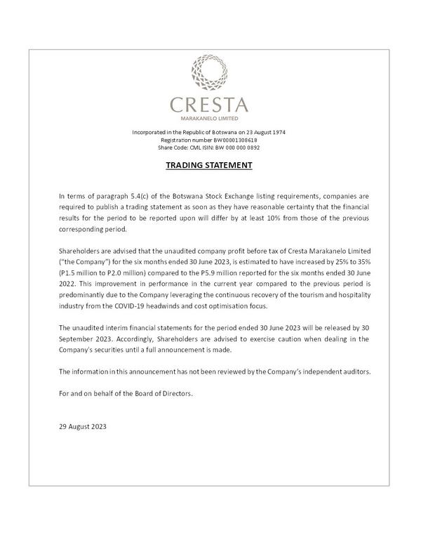 Cresta Marakanelo Limited 2023 Interim Results For The Second Quarter