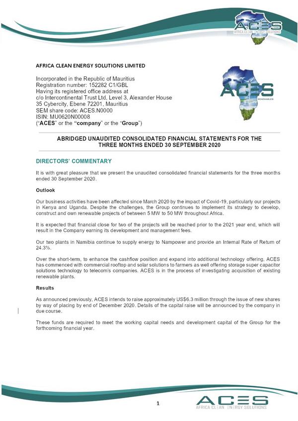 Africa Clean Energy Solutions 2021 Interim Results For The First Quarter