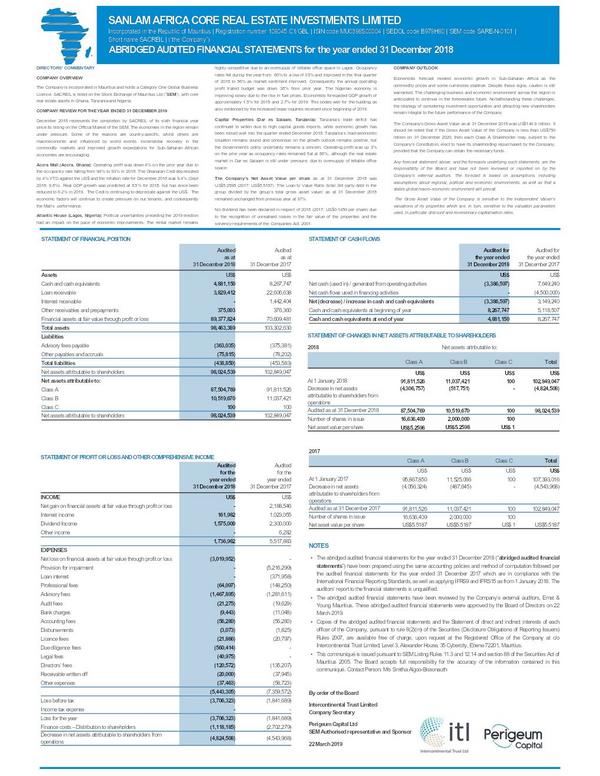 Sanlam africa core real estate investments limited 2018 Abridged Results