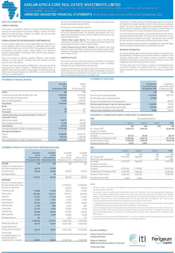 Sanlam africa core real estate investments limited 2022 Interim Results For The Third Quarter