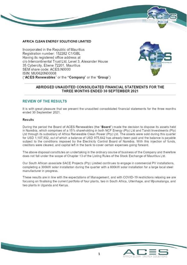 Africa Clean Energy Solutions 2022 Interim Results For The First Quarter