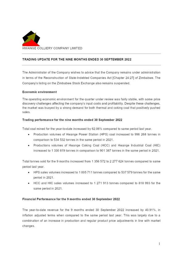 Hwange Colliery Company Limited 2022 Interim Results For The Third Quarter