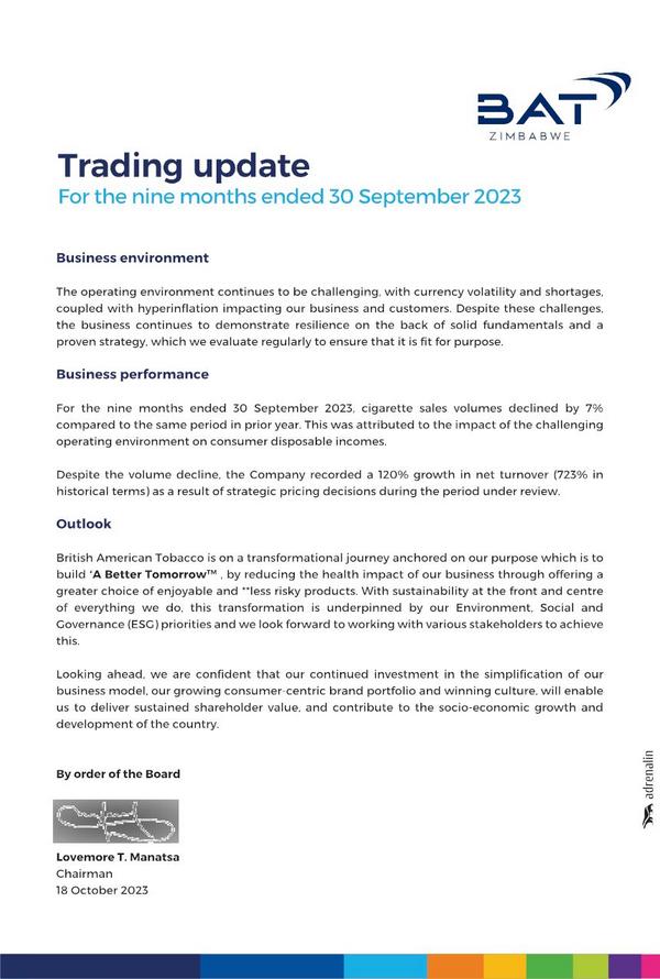 British American Tobacco Zimbabwe Limited 2023 Interim Results For The Third Quarter