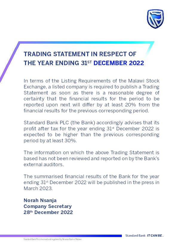 Standard Bank Malawi Limited 2022 Interim Results For The Forth Quarter