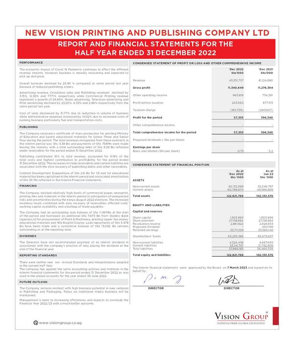 New Vision Printing And Publishing Company Ltd 2023 Interim Results For The Half Year