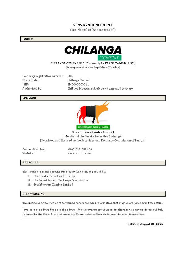 Chilanga Cement Plc 2022 Interim Results For The Half Year