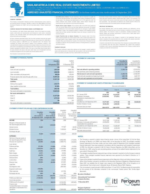 Sanlam africa core real estate investments limited 2019 Interim Results For The Third Quarter