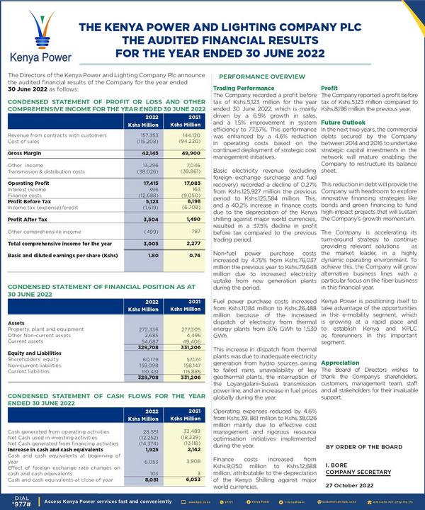 The Kenya Power & Lighting Company Plc 2022 Abridged Results