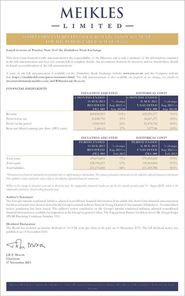 Meikles Limited 2024 Interim Results For The Half Year