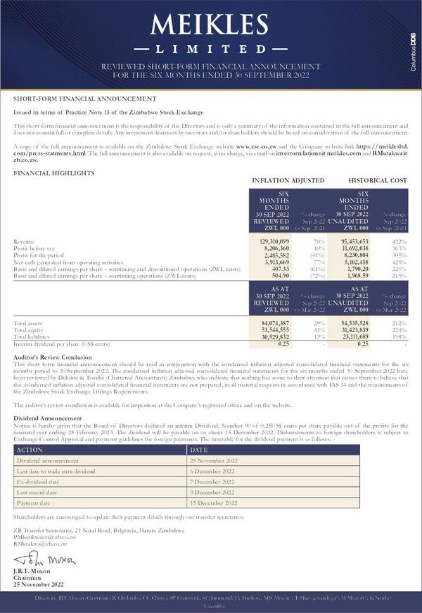 Meikles Limited 2023 Interim Results For The Half Year
