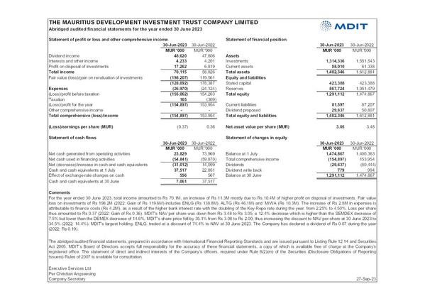 The Mauritius Development Investment Trust Co. Ltd 2023 Abridged Results