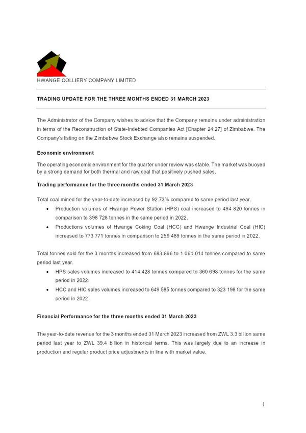Hwange Colliery Company Limited 2023 Interim Results For The First Quarter