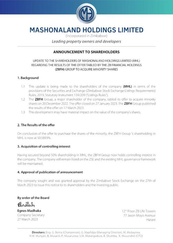 Mashonaland Holdings Limited 2023 Circular