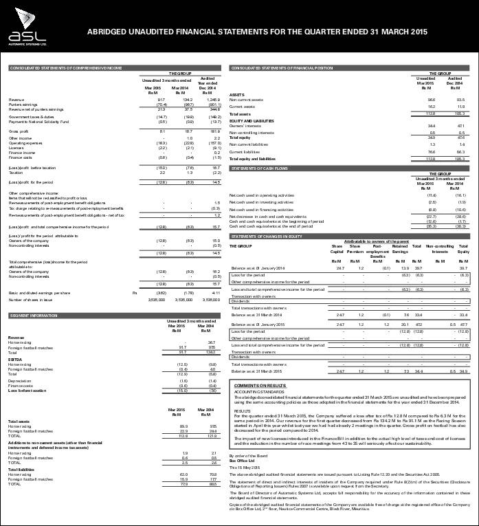 Automatic Systems Ltd Asl Mu Q115 Interim Report Africanfinancials