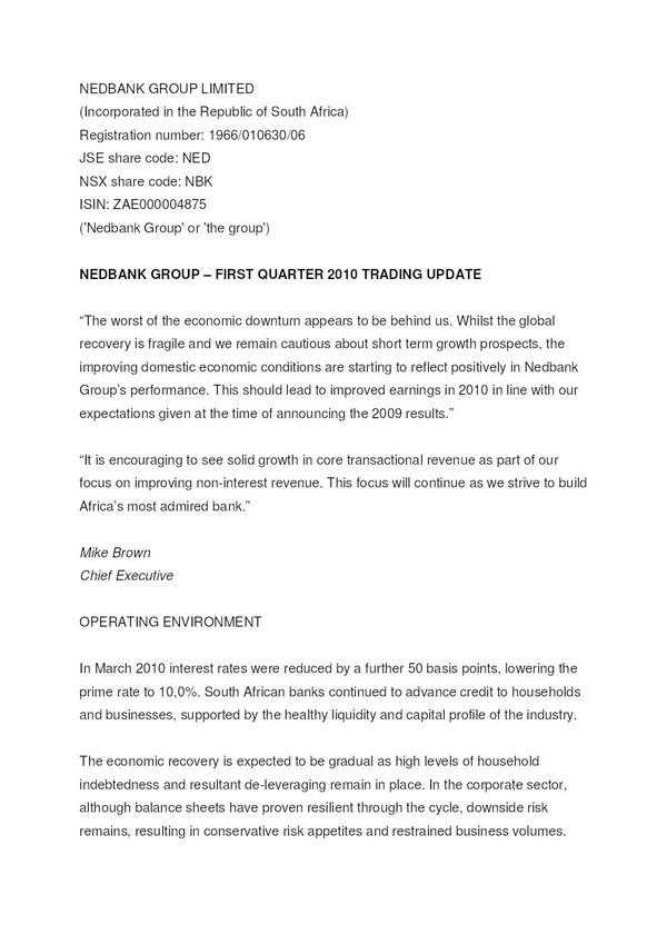 Nedbank Group Limited Zimbabwe Depository Receipts 2010 Interim Results For The First Quarter